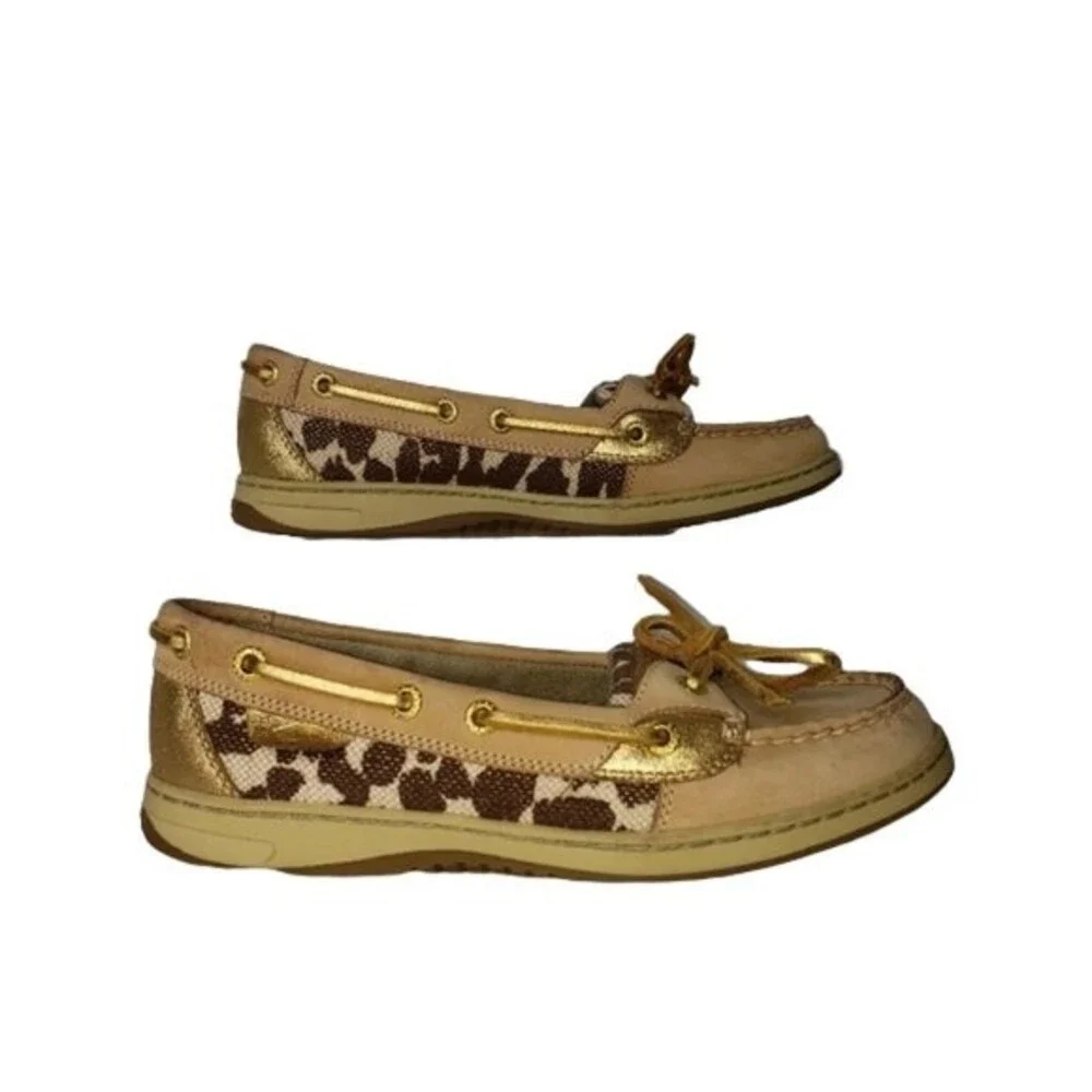 SPERRY ANGELFISH LEOPARD JACQUARD SLIP-ON BOAT SHOES TOPSIDER TAN/GOLD SIZE 6.5